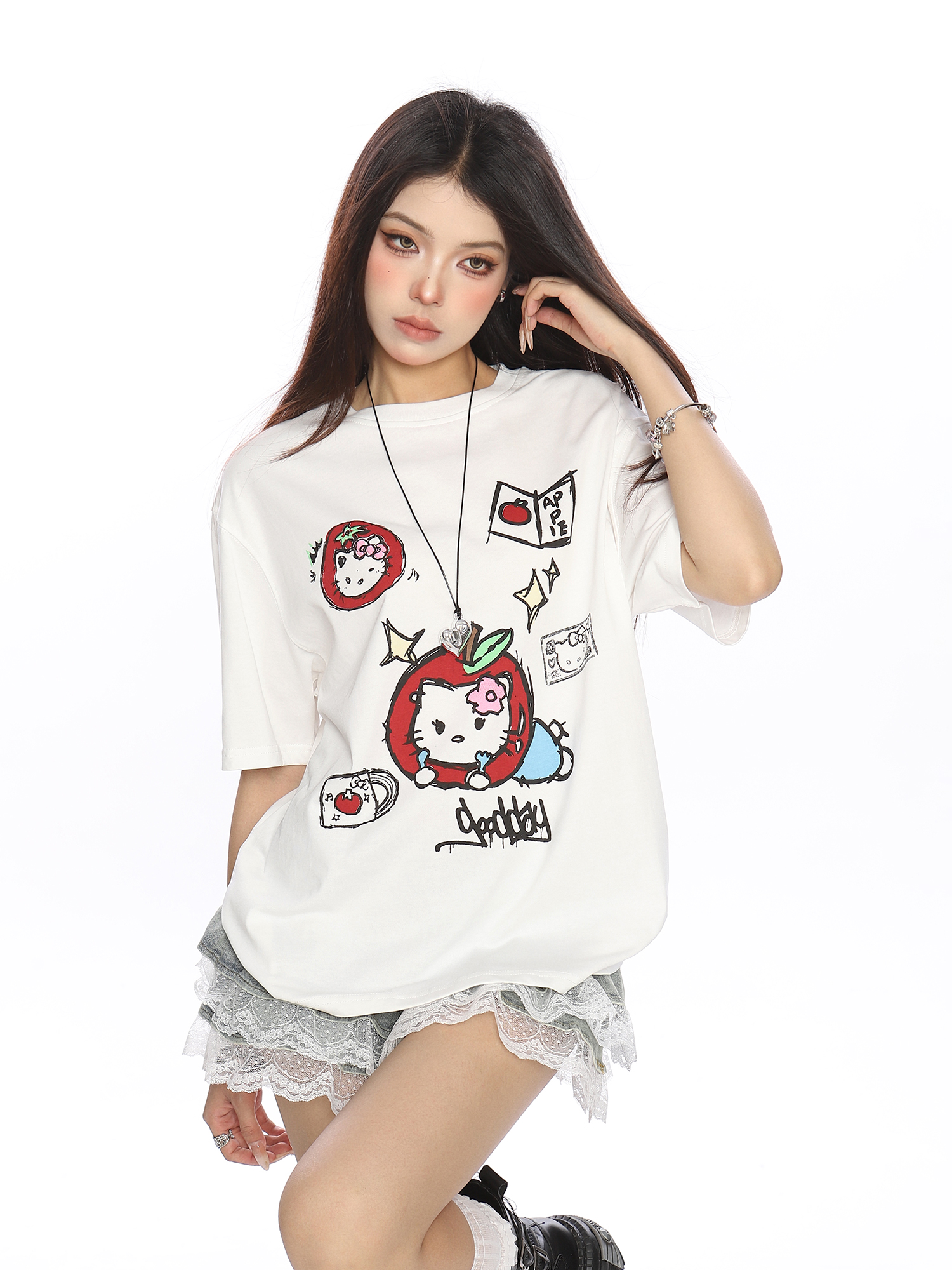 Y2K Hello Kitty Graffiti Print Short Sleeve T-Shirt for Women - Sweet Cool Casual Slim Fit Summer Top Y2K Hello Kitty Graffiti Print Short Sleeve T-Shirt for Women - Sweet Cool Casual Slim Fit Summer Top