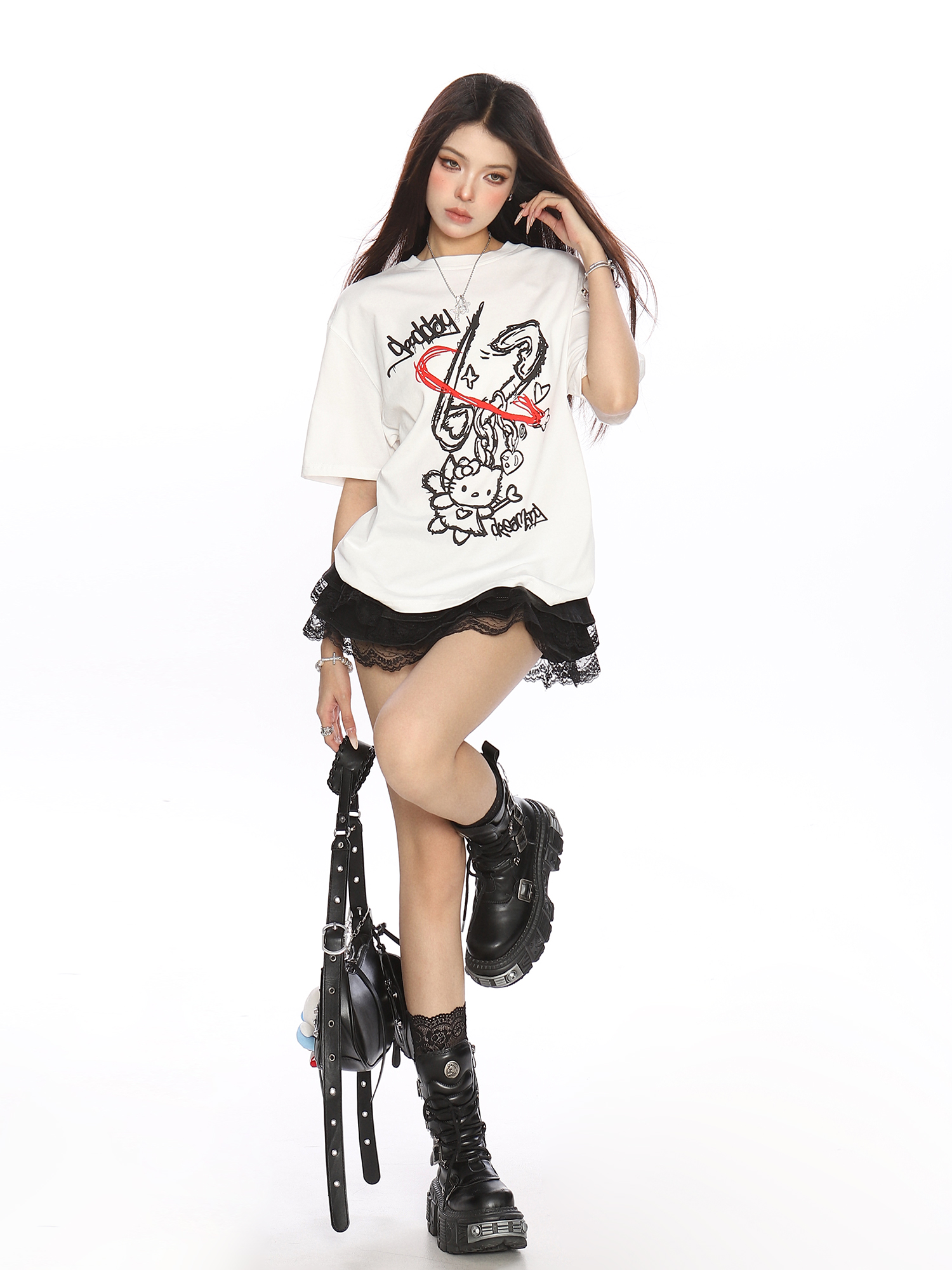 Y2K Hello Kitty Graffiti Print Short Sleeve T-Shirt for Women - Sweet Cool Casual Slim Fit Summer Top Y2K Hello Kitty Graffiti Print Short Sleeve T-Shirt for Women - Sweet Cool Casual Slim Fit Summer Top