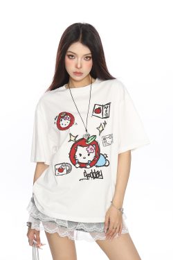 Y2K Hello Kitty Graffiti Print Short Sleeve T-Shirt for Women - Sweet Cool Casual Slim Fit Summer Top