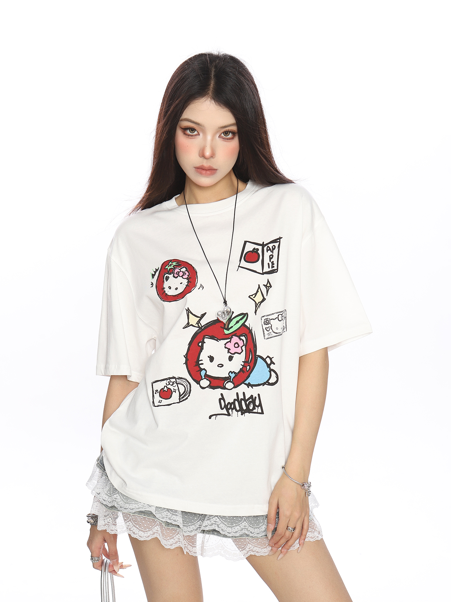 Y2K Hello Kitty Graffiti Print Short Sleeve T-Shirt for Women - Sweet Cool Casual Slim Fit Summer Top Y2K Hello Kitty Graffiti Print Short Sleeve T-Shirt for Women - Sweet Cool Casual Slim Fit Summer Top