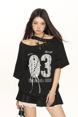 Y2K Lace Tie Asymmetrical Shoulder Short Sleeve T-Shirt for Women - Slimming Off-Shoulder Summer Top - Trendy Fashion Style