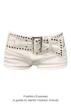 Y2K Low-Waist White Denim Shorts with Studded Belt - Body-Hugging Wide-Leg Hot Pants for Women - Trendy Autumn & Winter Fashion