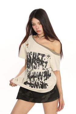Y2K Punk Graffiti Ripped Asymmetrical Shoulder Short Sleeve T-Shirt for Women - Summer Slim Fit Off-Shoulder Top