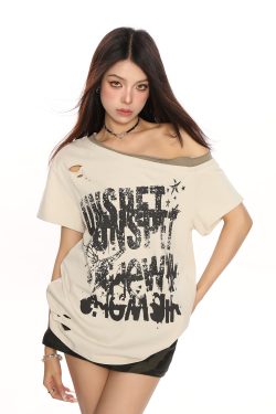 Y2K Punk Graffiti Ripped Asymmetrical Shoulder Short Sleeve T-Shirt for Women - Summer Slim Fit Off-Shoulder Top