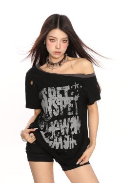 Y2K Punk Graffiti Ripped Asymmetrical Shoulder Short Sleeve T-Shirt for Women - Summer Slim Fit Off-Shoulder Top