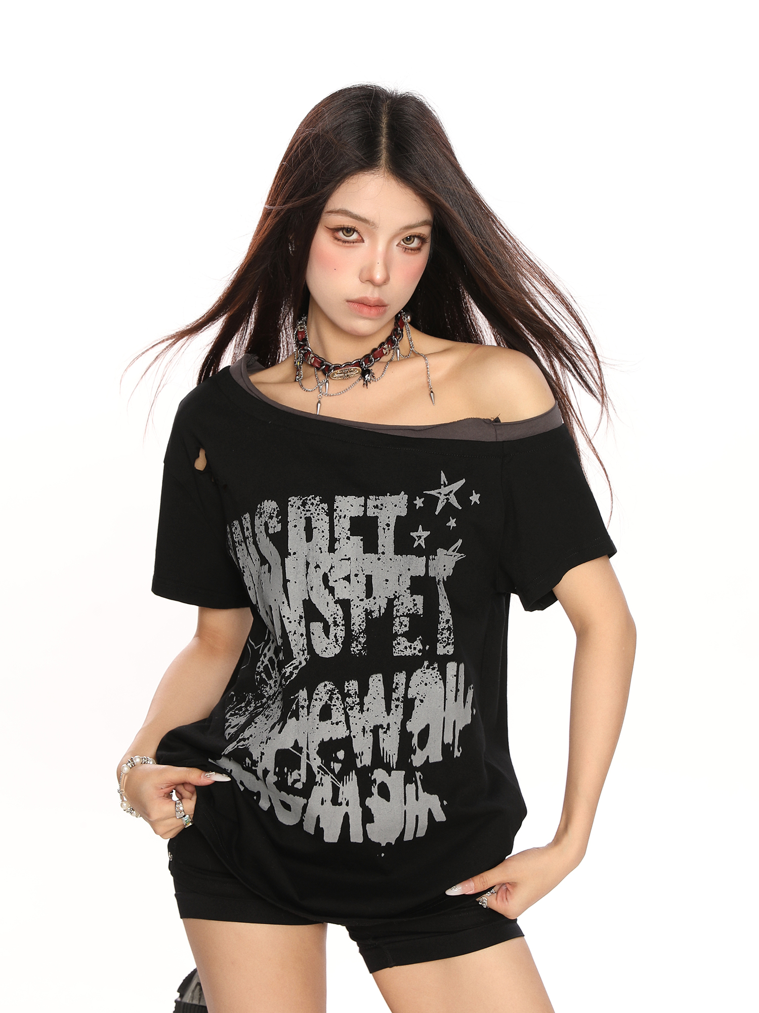 Y2K Punk Graffiti Ripped Asymmetrical Shoulder Short Sleeve T-Shirt for Women - Summer Slim Fit Off-Shoulder Top Y2K Punk Graffiti Ripped Asymmetrical Shoulder Short Sleeve T-Shirt for Women - Summer Slim Fit Off-Shoulder Top