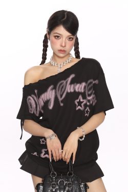 Y2K Star Graffiti Off-Shoulder Short Sleeve T-Shirt for Women - Slim Fit Strap Shoulder Summer Top for Cool Style