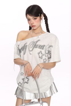 Y2K Star Graffiti Off-Shoulder Short Sleeve T-Shirt for Women - Slim Fit Strap Shoulder Summer Top for Cool Style