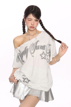 Y2K Star Graffiti Off-Shoulder Short Sleeve T-Shirt for Women - Slim Fit Strap Shoulder Summer Top for Cool Style