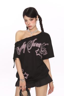 Y2K Star Graffiti Off-Shoulder Short Sleeve T-Shirt for Women - Slim Fit Strap Shoulder Summer Top for Cool Style