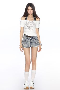 Y2K Subculture One-Shoulder Neck Strap Short Sleeve T-Shirt for Women - Slim Fit Summer Top in Sweet Cool Style