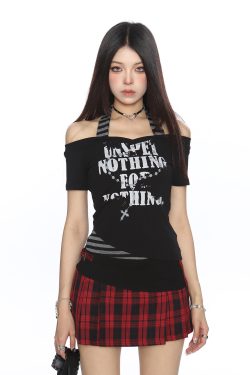 Y2K Subculture One-Shoulder Neck Strap Short Sleeve T-Shirt for Women - Slim Fit Summer Top in Sweet Cool Style