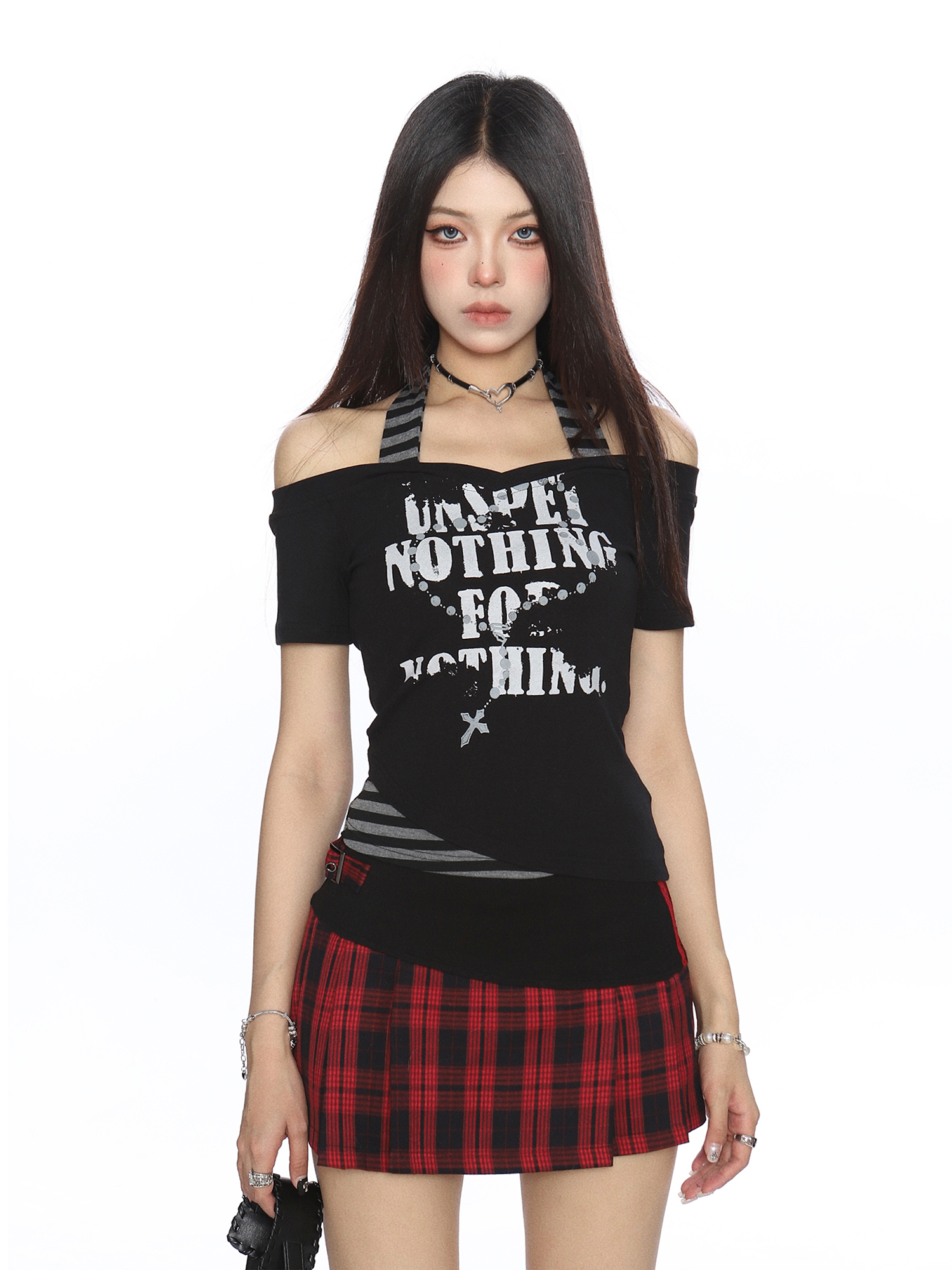 Y2K Subculture One-Shoulder Neck Strap Short Sleeve T-Shirt for Women - Slim Fit Summer Top in Sweet Cool Style Y2K Subculture One-Shoulder Neck Strap Short Sleeve T-Shirt for Women - Slim Fit Summer Top in Sweet Cool Style