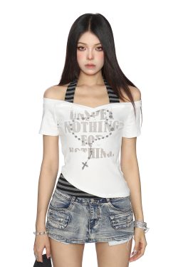 Y2K Subculture One-Shoulder Neck Strap Short Sleeve T-Shirt for Women - Slim Fit Summer Top in Sweet Cool Style