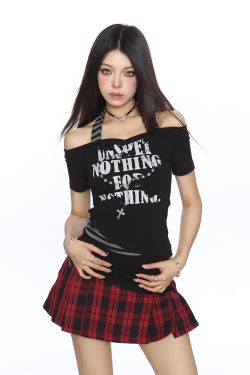 Y2K Subculture One-Shoulder Neck Strap Short Sleeve T-Shirt for Women - Slim Fit Summer Top in Sweet Cool Style