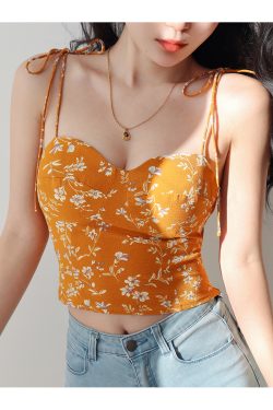 Yellow Floral Spaghetti Strap Vintage Casual Top - French Hot Girl Vacation Style, Y2K Inspired Fashion Shirt