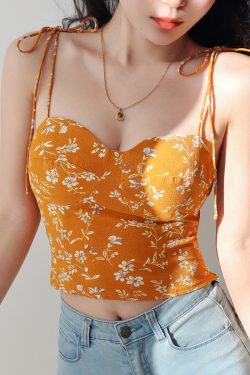 Yellow Floral Spaghetti Strap Vintage Casual Top - French Hot Girl Vacation Style, Y2K Inspired Fashion Shirt