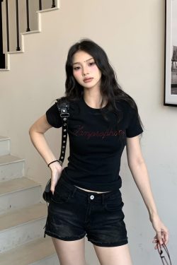 Yellow Letter Rhinestone Short Sleeve Off-Shoulder Crop Top for Women - Summer Slim Fit Hot Girl Style, 90s Inspired Fashion