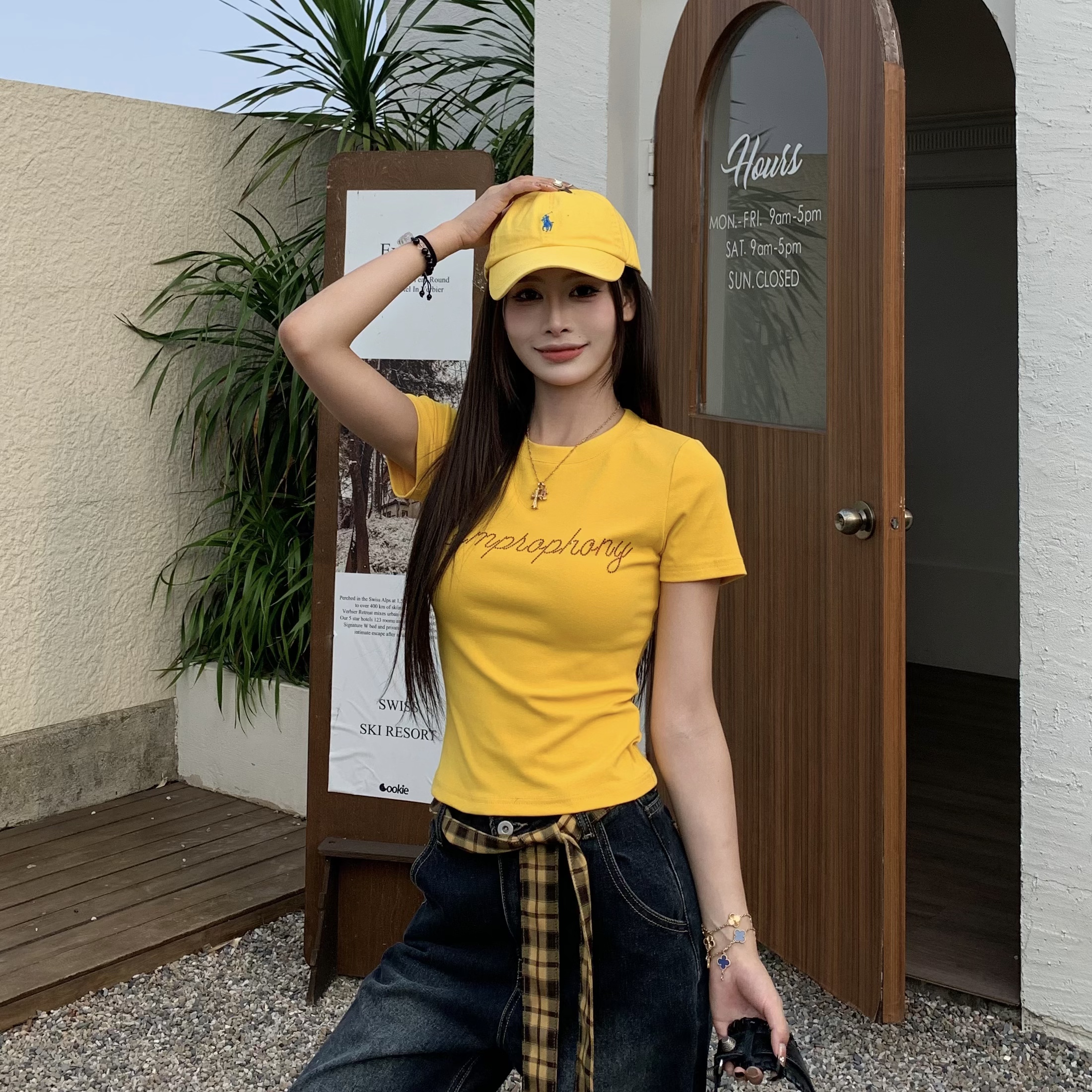 Yellow Letter Rhinestone Short Sleeve Off-Shoulder Crop Top for Women - Summer Slim Fit Hot Girl Style, 90s Inspired Fashion Yellow Letter Rhinestone Short Sleeve Off-Shoulder Crop Top for Women - Summer Slim Fit Hot Girl Style, 90s Inspired Fashion