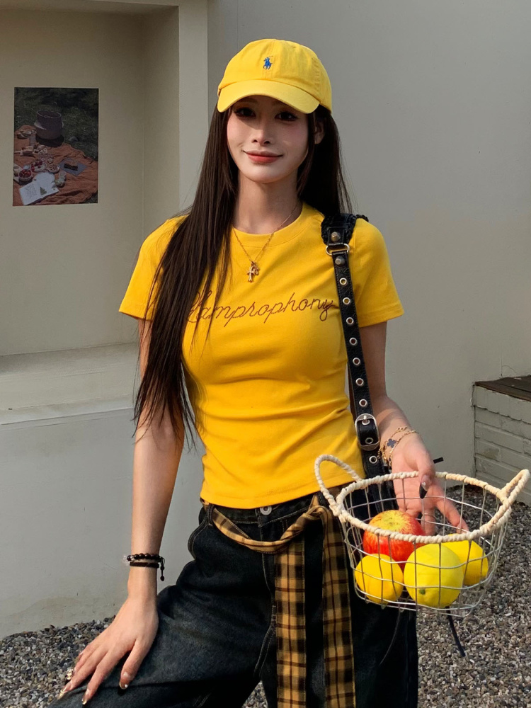 Yellow Letter Rhinestone Short Sleeve Off-Shoulder Crop Top for Women - Summer Slim Fit Hot Girl Style, 90s Inspired Fashion Yellow Letter Rhinestone Short Sleeve Off-Shoulder Crop Top for Women - Summer Slim Fit Hot Girl Style, 90s Inspired Fashion