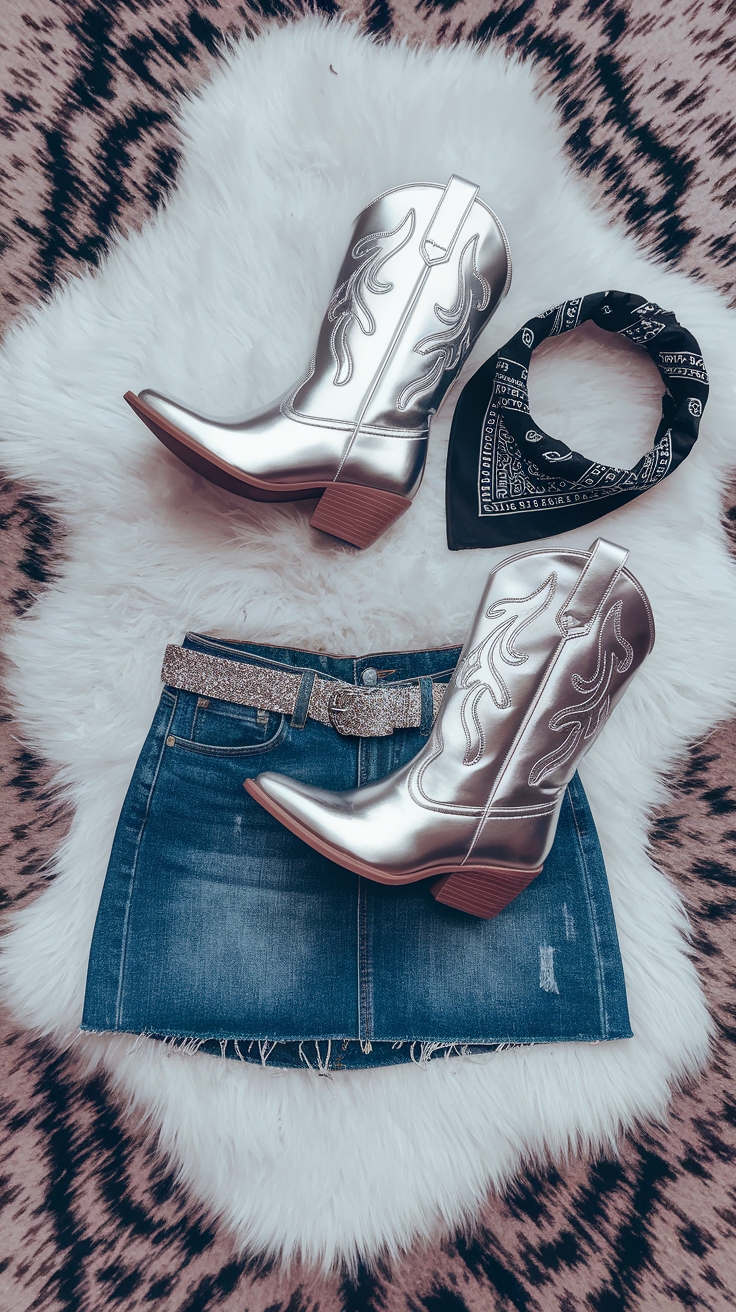 Shine Bright in Metallic Cowgirl Boots This Season outfit idea