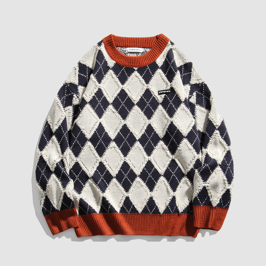 Style Core Aesthetics, New Style Trends Argyle Patchwork Printed Sweater Style Core Aesthetics, New Style Trends Argyle Patchwork Printed Sweater