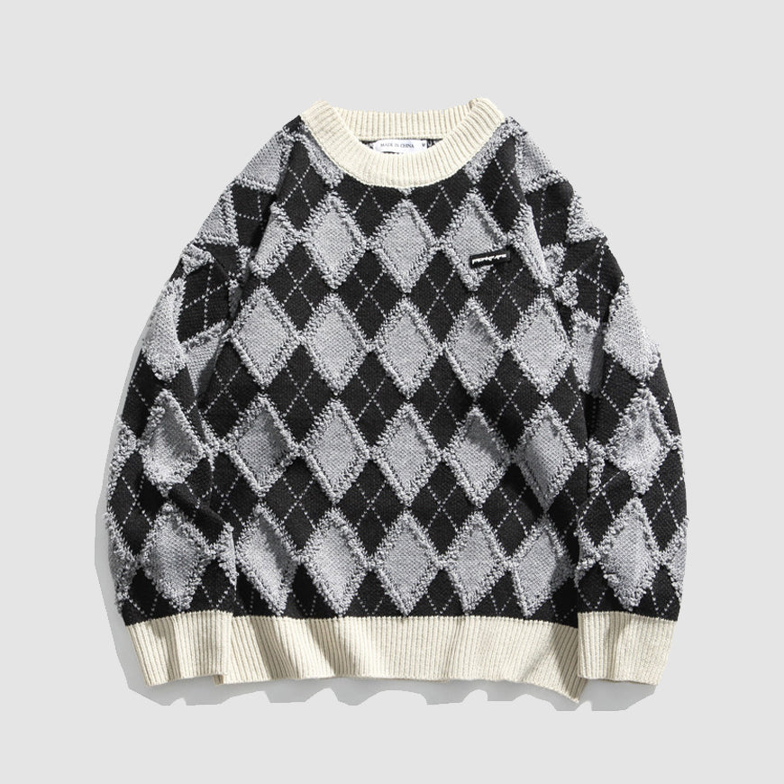 Style Core Aesthetics, New Style Trends Argyle Patchwork Printed Sweater Style Core Aesthetics, New Style Trends Argyle Patchwork Printed Sweater