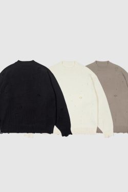 Style Core Aesthetics, New Style Trends Autumn/Winter Streetwear Distressed Knit Sweater