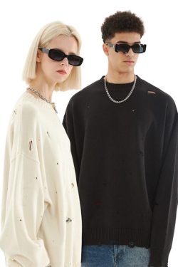 Style Core Aesthetics, New Style Trends Autumn/Winter Streetwear Distressed Knit Sweater