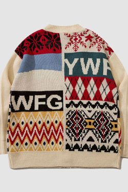 Style Core Aesthetics, New Style Trends Bear & Argyle Pattern Stitching Cardigan Sweater