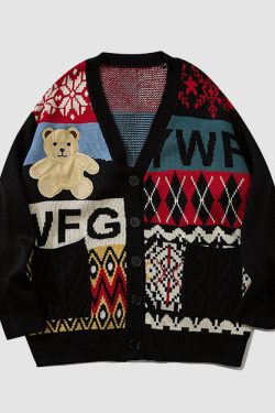 Style Core Aesthetics, New Style Trends Bear & Argyle Pattern Stitching Cardigan Sweater