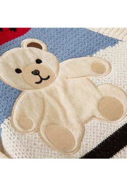 Style Core Aesthetics, New Style Trends Bear & Argyle Pattern Stitching Cardigan Sweater