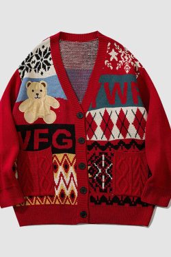 Style Core Aesthetics, New Style Trends Bear & Argyle Pattern Stitching Cardigan Sweater