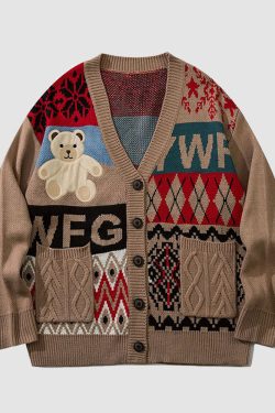 Style Core Aesthetics, New Style Trends Bear & Argyle Pattern Stitching Cardigan Sweater