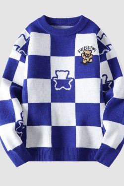 Style Core Aesthetics, New Style Trends Bear Embroidered Plaid Pullover