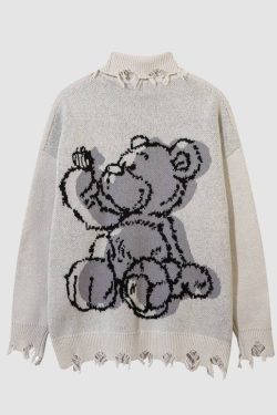 Style Core Aesthetics, New Style Trends Bear Pattern Raw Hem Turtleneck Sweater