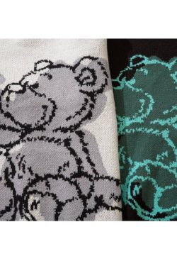 Style Core Aesthetics, New Style Trends Bear Pattern Raw Hem Turtleneck Sweater