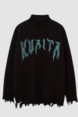 Style Core Aesthetics, New Style Trends Bear Pattern Raw Hem Turtleneck Sweater