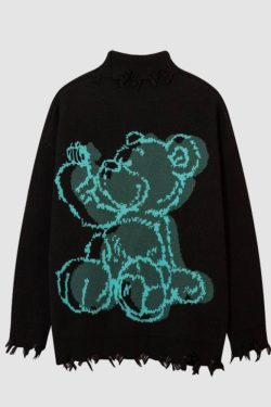 Style Core Aesthetics, New Style Trends Bear Pattern Raw Hem Turtleneck Sweater