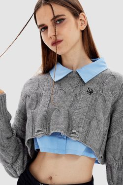 Style Core Aesthetics, New Style Trends Cable-Knit Ripped Cropped Sweater