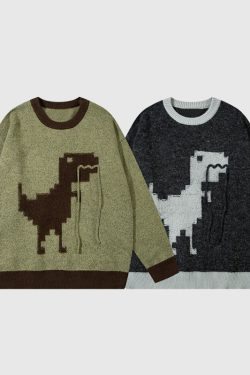 Style Core Aesthetics, New Style Trends Cartoon Dinosaur Embroidered Pullover