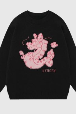 Style Core Aesthetics, New Style Trends Cartoon Dragon Embroidered Knit Sweater