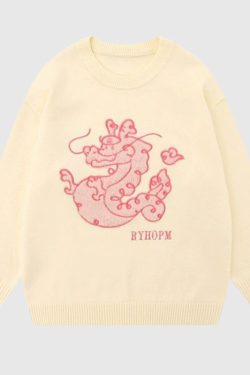 Style Core Aesthetics, New Style Trends Cartoon Dragon Embroidered Knit Sweater