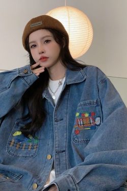 Style Core Aesthetics, New Style Trends Cartoon Embroidered Multi-Pocket Denim Jacket