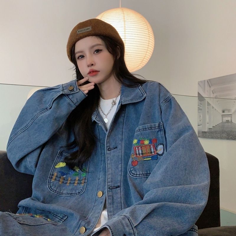 Style Core Aesthetics, New Style Trends Cartoon Embroidered Multi-Pocket Denim Jacket Style Core Aesthetics, New Style Trends Cartoon Embroidered Multi-Pocket Denim Jacket