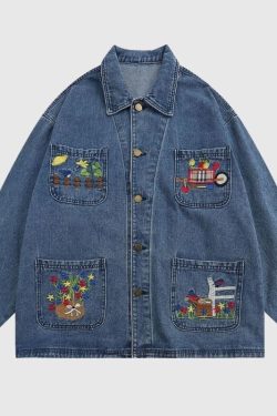 Style Core Aesthetics, New Style Trends Cartoon Embroidered Multi-Pocket Denim Jacket