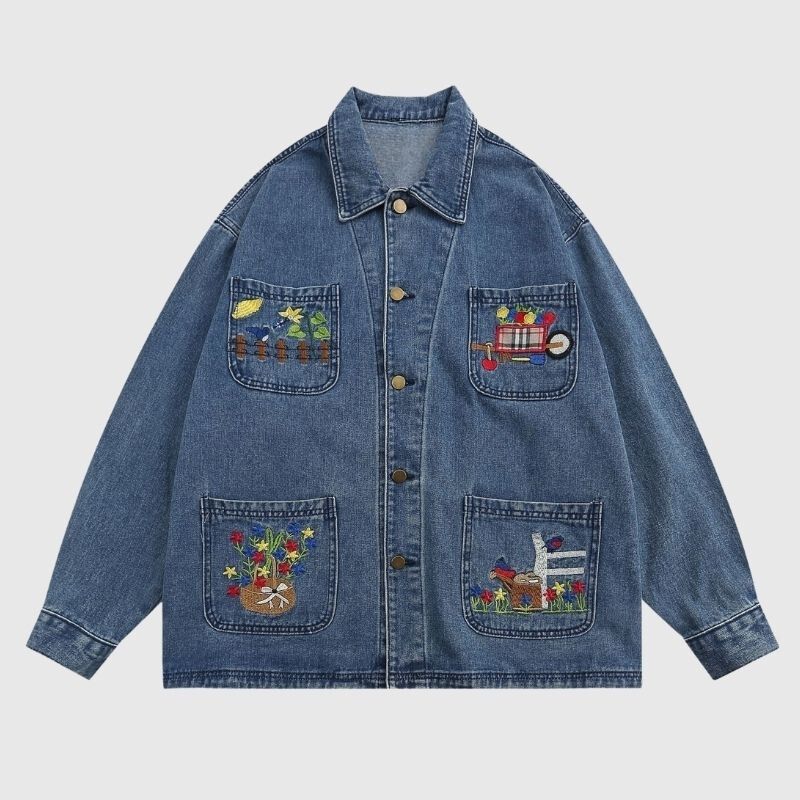 Style Core Aesthetics, New Style Trends Cartoon Embroidered Multi-Pocket Denim Jacket Style Core Aesthetics, New Style Trends Cartoon Embroidered Multi-Pocket Denim Jacket