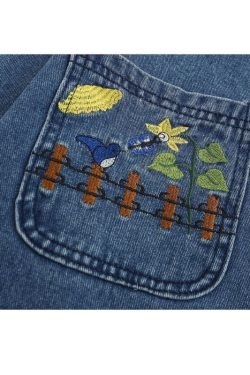 Style Core Aesthetics, New Style Trends Cartoon Embroidered Multi-Pocket Denim Jacket