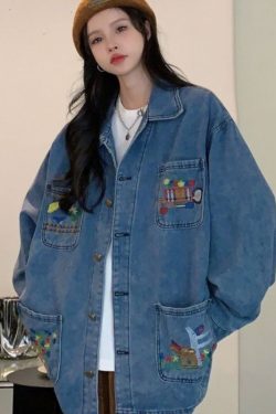 Style Core Aesthetics, New Style Trends Cartoon Embroidered Multi-Pocket Denim Jacket