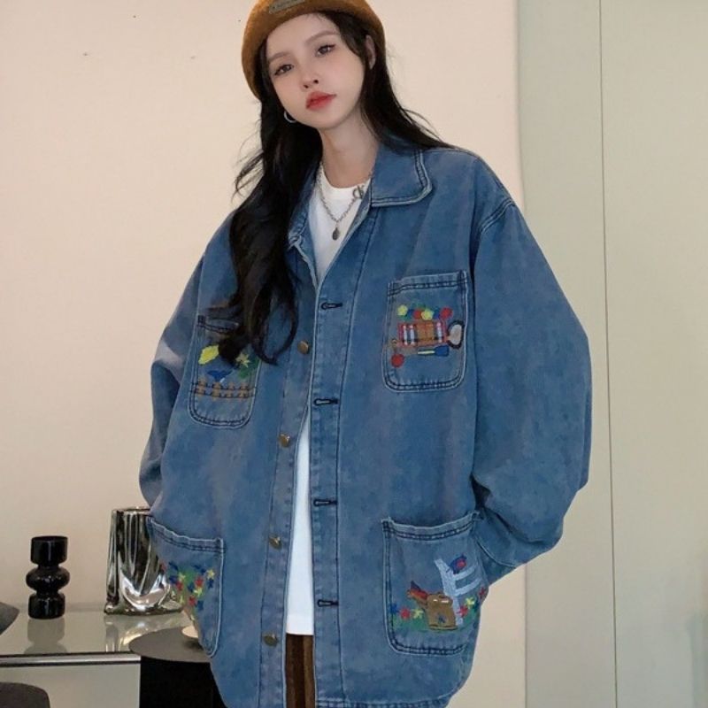 Style Core Aesthetics, New Style Trends Cartoon Embroidered Multi-Pocket Denim Jacket Style Core Aesthetics, New Style Trends Cartoon Embroidered Multi-Pocket Denim Jacket